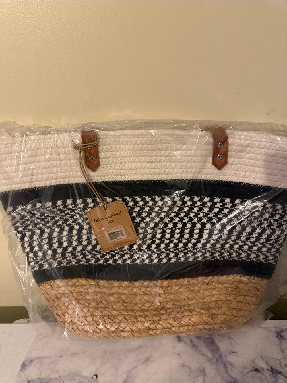 Magid Cream, Black & Natural Straw Tote Bag